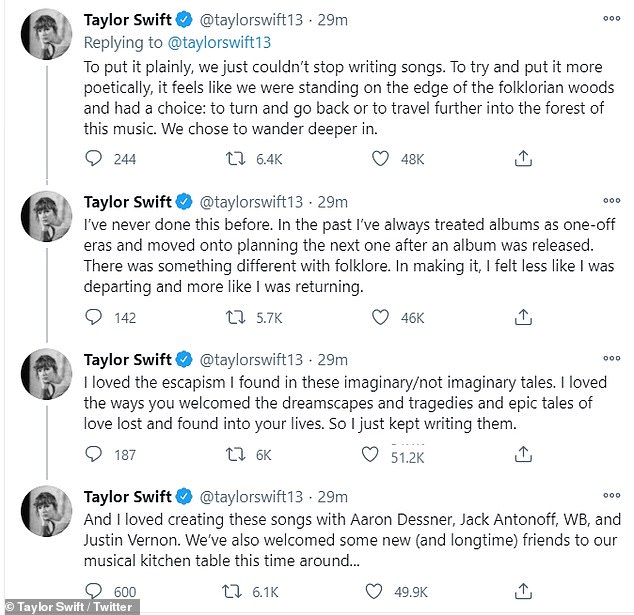 Creative: In a candid statement, Taylor said she 'loved the escapism' when she was writing Folklore and was keen to continue pursuing the 'dreamscapes and tragedies' she'd imagined