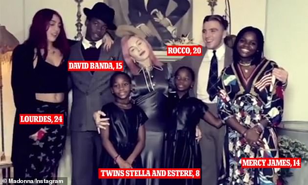 Family: Madonna is parent to Lourdes, 24, David Banda, 15, Stella and Estere, eight, Rocco, 20, Mercy James (left-right)