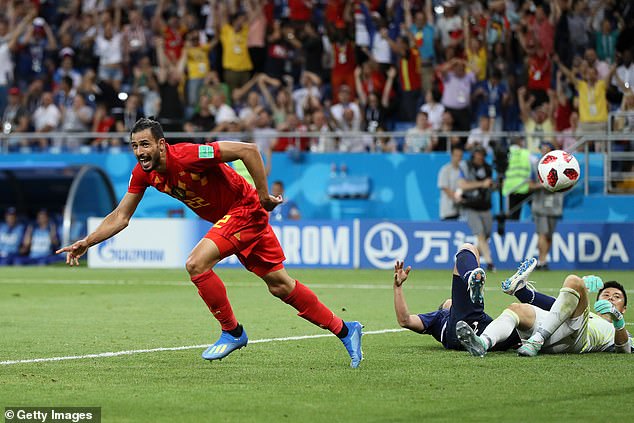 Nacer Chadli, previously of Morocco, celebrates scoring at the 2018 World Cup for Belgium