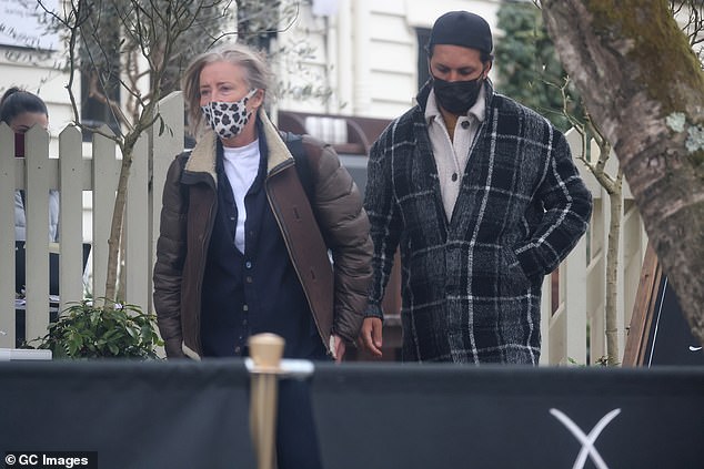 Busy? The actress, 62, cut a low-key figure as she arrived at the Spaniards Inn pub alongside Shazard, wearing a shearling jacket layered with a white T-shirt and navy shirt on Thursday afternoon