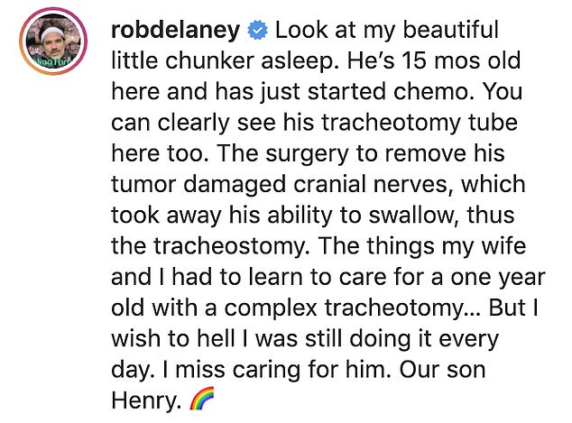 Devastating: In a heartbreaking caption, the Catastrophe star explained how cancer surgery had damaged cranial nerves and left their son unable to swallow - Henry died three years ago