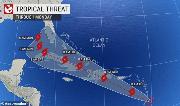 The grey-shaded area denotes the potential path of the center of the storm. It's important to note that impacts with any tropical storm usually spread beyond its forecast path