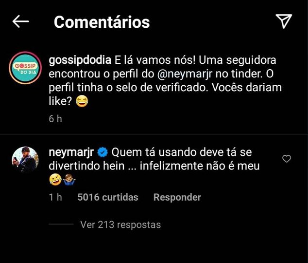 Neymar hilariously revealed it isn't him, writing in response to Brazilian gossip page gossipdodia: 'Whoever is using it is having fun huh, unfortunately it's not mine.'