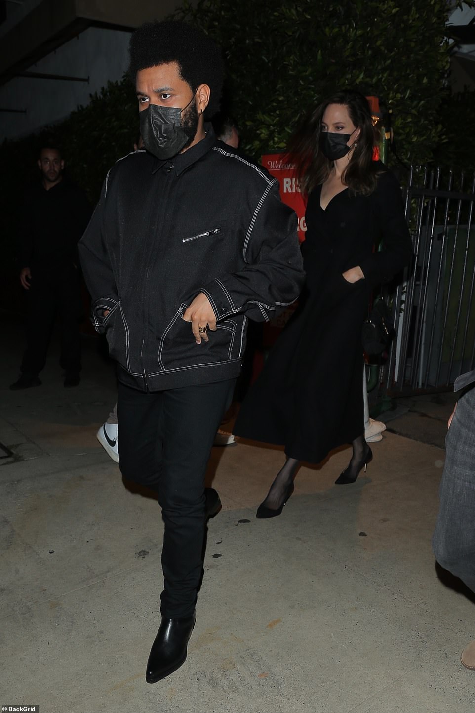 Night out: Angelina made sure to arrive at the eatery separately from The Weeknd (born Abel Tesfaye) at 8:05pm, but she did leave with him