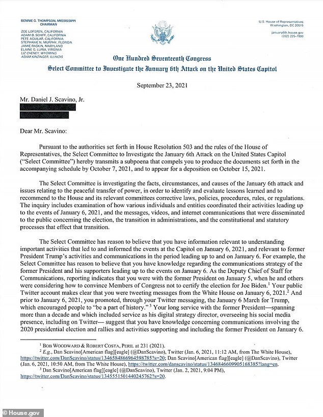 The committee has subpoenaed longtime Trump and White House aide Dan Scavino