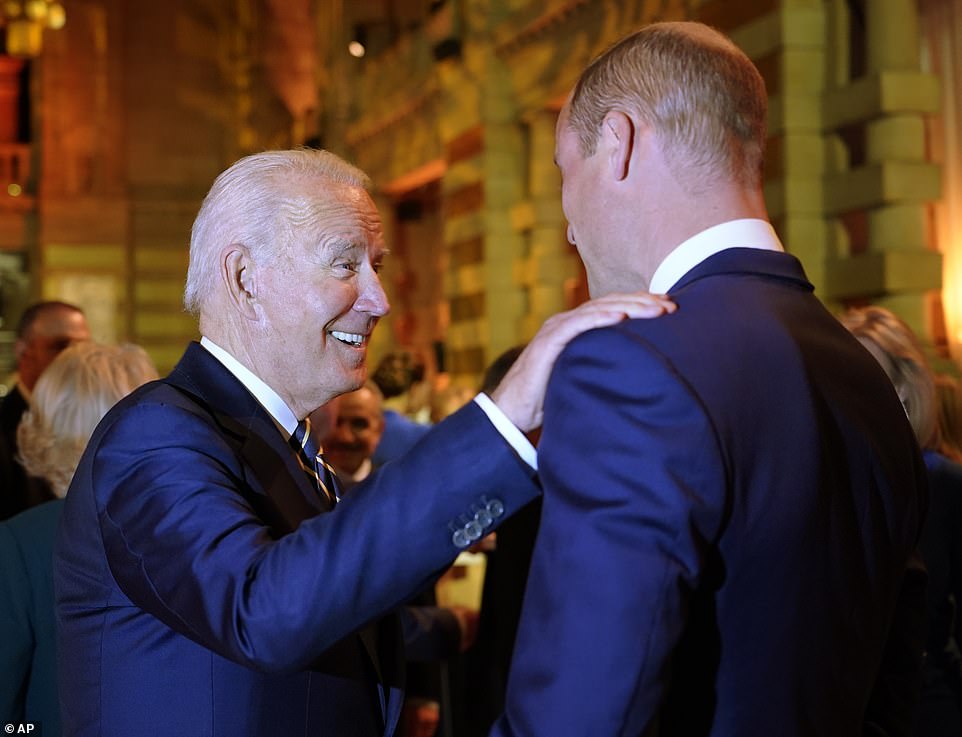 The president seemed significantly more well-rested Monday night when he met with Prince William. Biden was seen laughing with the young royal and putting a hand on his shoulder during a welcome reception at the popular Kelvingrove Art Gallery and Museum in Glasgow. The Duchess of Cambridge was also seen arriving at the event along with Prince Charles and Camilla, Duchess of Cornwall.