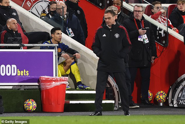 Ronaldo sulked on the bench after being substituted by Ralf Rangnick against Brentford