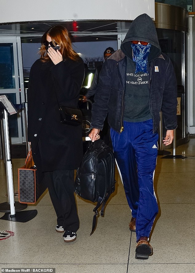 Low-key: Kaia Gerber, 20, and boyfriend Austin Butler, 30, cut a low-key figure as they head for the airport to leave New York City on Tuesday