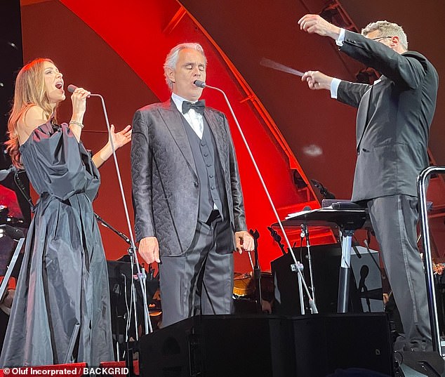 Classic: McPhee and Bocelli traded lines throughout their rendition of Can't Help Falling In Love, with the help of a full orchestra behind them