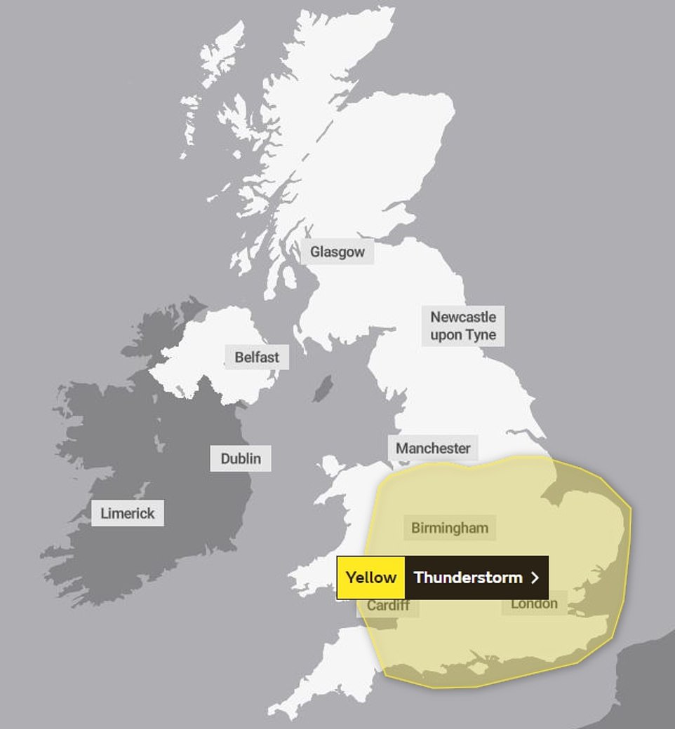 The Met Office has issued a yellow thunderstorm warning stretching from Sheffield in the North, across the South East and down to Bath in the South West, meaning Glastonbury revellers could be caught in torrential downpours. With another rail strike taking place on Thursday, it is likely the storms will add to transport issues with poor driving conditions and floodwater on roads, potentially causing danger to life. The Met Office said there is a chance of further rail and bus cancellations due to lightning strikes, with the warning in place from 10am until 11.59pm