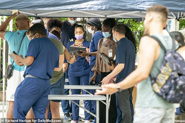 Lines form at a New York monkeypox vaccine clinic last week, which quickly ran out of the 1,000 Jynneos doses that were offered to men at high risk