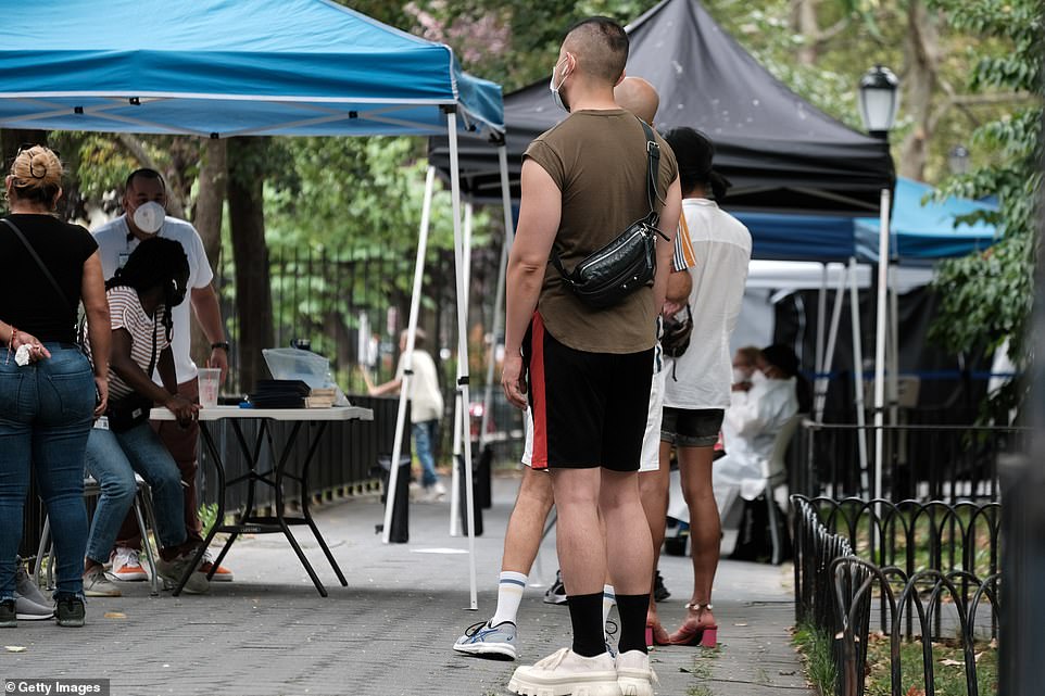 Pictured above are men waiting to receive a first dose of the monkeypox vaccine in New York City. It is at the center of the nation's outbreak of the virus