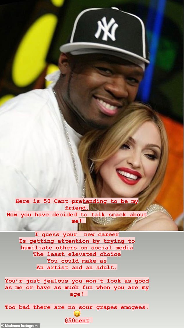 Not happy: Madonna shared a 2003 photo of herself affectionately posing alongside the rap artist calling him out for phoniness. She said, 'Here is 50 Cent pretending to be my friend. Now you have decided to talk smack about me!'