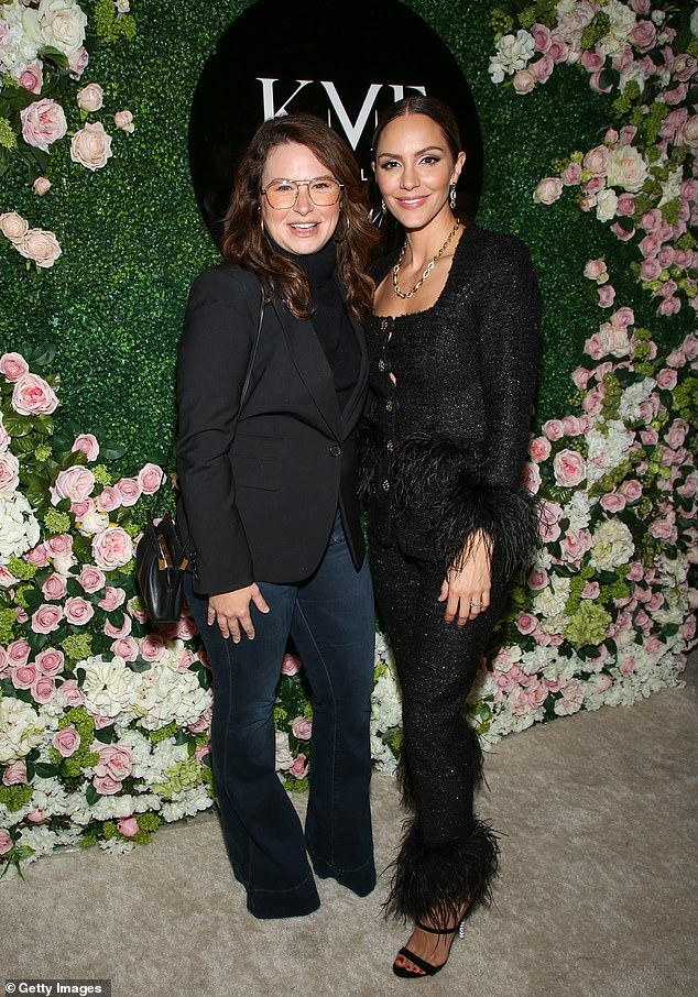 Stunning: Katharine stepped out in a sophisticated black suit with feather details to welcome fans, friends and fellow celebrities to her KMF Jewelry pop up on Rodeo Drive