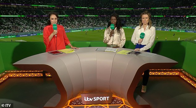 ITV select an all-female on-screen panel for a men's World Cup game for the first time ever, as presenter Seema Jaswal (left) was joined by Karen Carney (right) and Eniola Aluko (centre)