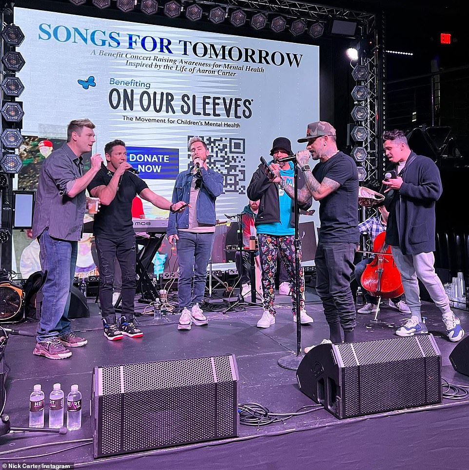 The day before the event Nick took to his Instagram to share a snap of himself, AJ and Lance rehearsing. 'We are so thankful for all of the love & support in advance of tomorrow night’s benefit concert. It is so wonderful to see so many people come together for such an important cause,' he wrote in the caption.