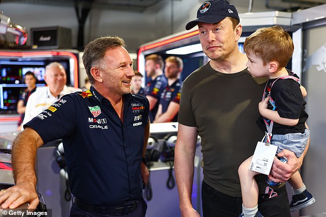 Musk appeared to have been given a tour of the Red Bull garage with team principal Horner