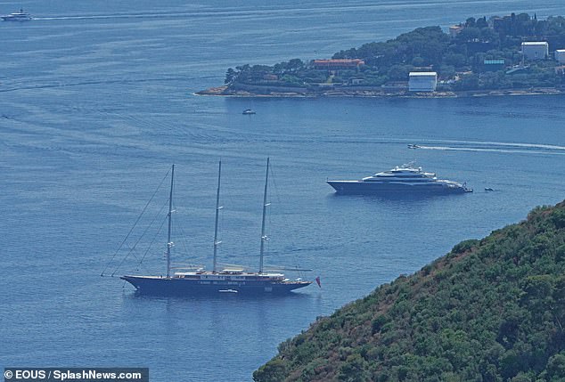 The Koru and its support vessel, Abeona, are parked nearby each other on the French Riviera