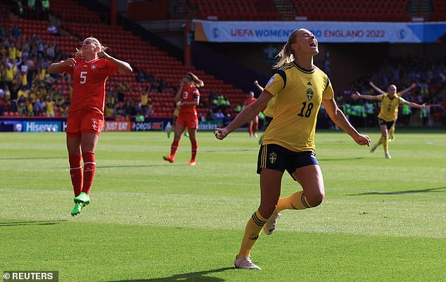 Fridolina Rolfo celebrates finding the net for Sweden against Switzerland at the Euros in 2022