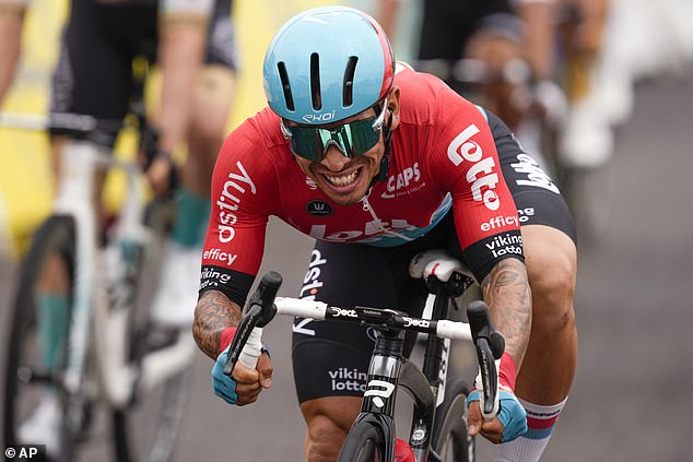 Ewan grimaces as he crosses the finish line to finish in second place during the fourth stage of the Tour de France