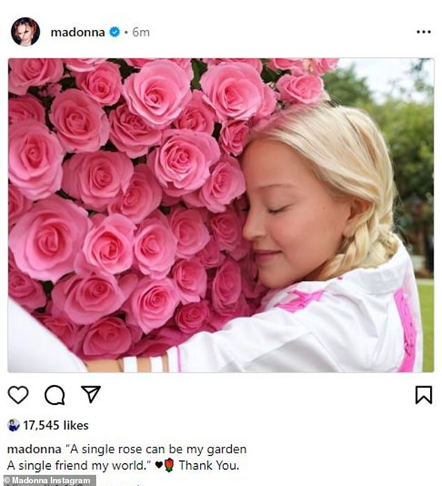 Getting better: Last week the singer posed with some pink roses in her garden and wrote: 'A single rose can be my garden. A single friend my world. Thank You