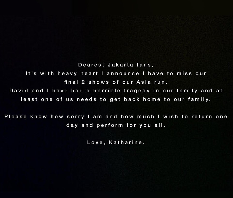 Katharine McPhee made the announcement that she would be missing the final two shows of her Asia tour, scheduled in Jakarta, due to a family tragedy. She expressed her heartfelt apologies to her Jakarta fans and revealed her need to return home urgently. McPhee, who recently became a mother, didn't disclose specific details about the incident but sources close to her informed TMZ that the tragedy involved the death of her son's nanny. She conveyed her sorrow and hopes to perform for her fans in the future.