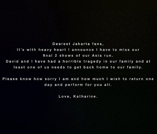 Distraught: McPhee said in a statement that she would be skipping the final two shows in Asia after the 'horrible tragedy in the family'