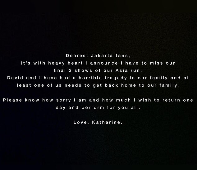 Distraught: McPhee said in a statement that she would be skipping the final two shows in Asia after the 'horrible tragedy in the family'