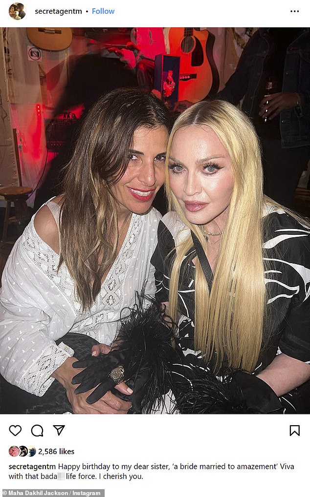 Closer to reality: Madonna appeared with unusually natural skin in a rare unfiltered photo from her 65th birthday party; the shot was shared by her talent agent pal Maha Dakhil