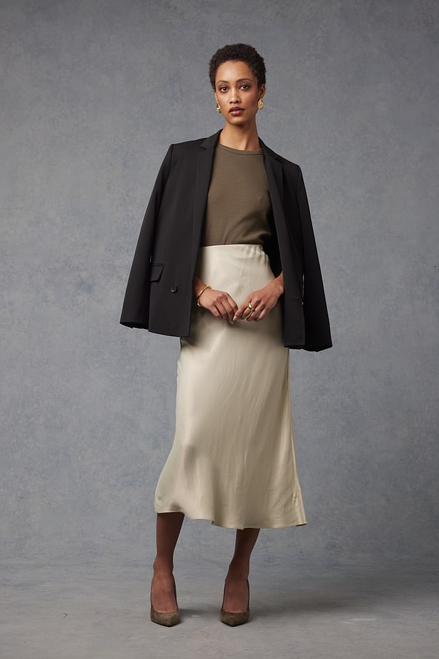 Blazer, £200, vest, £25, and skirt, £75, viverelondon.com; earrings, £270, and ring, £290, theysso.com; bangle, £250, monicavinader.com. Heels, £249, lkbennett.com