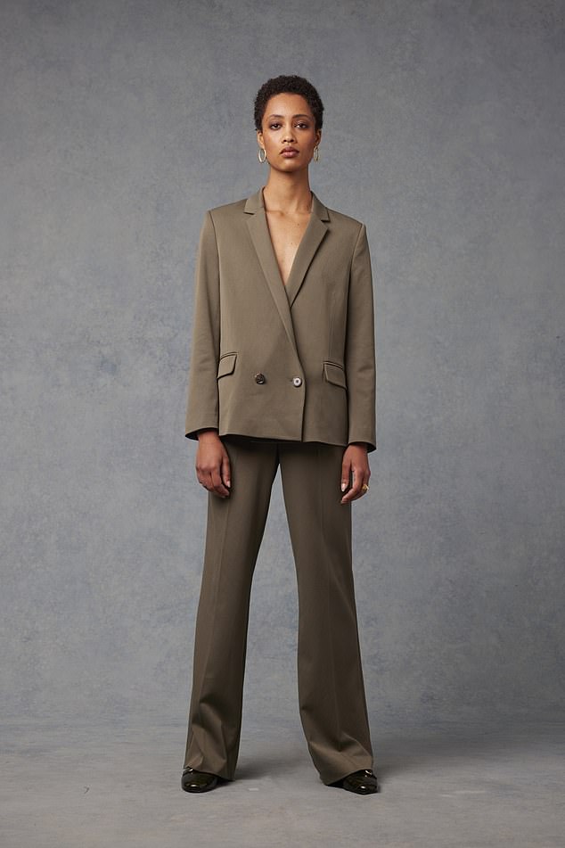 Blazer, £200, and trousers, £135, viverelondon.com; earrings as before. Loafers, £259, lkbennett.com