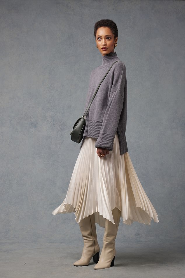 Jumper, £165, and skirt, £90, viverelondon.com; earrings as before. Boots, as before; bag, £229, lkbennett.com