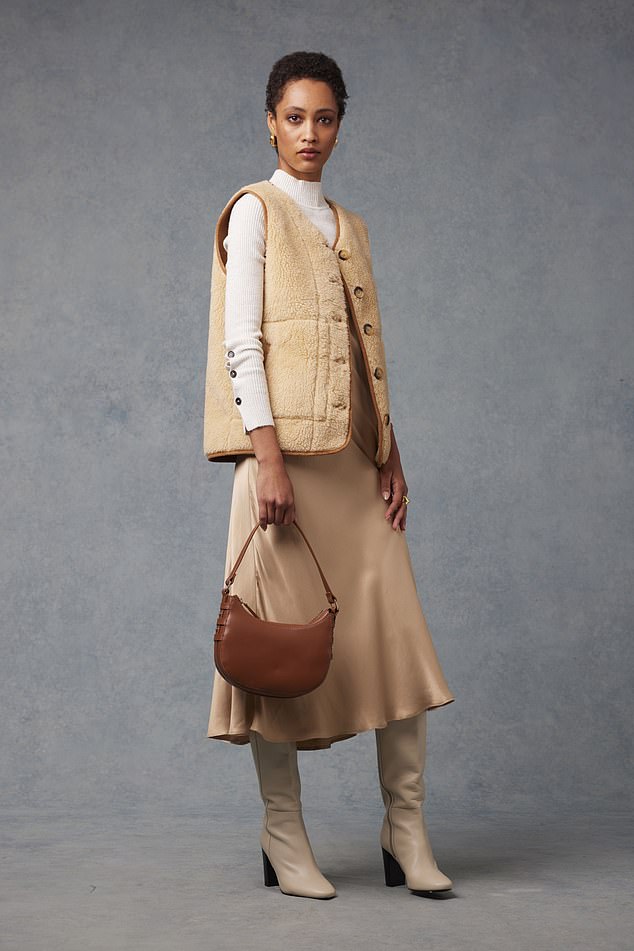 Waistcoat, £180, turtleneck, £80 and slip dress, £130, viverelondon.com; earrings, £175, monicavinader.com. Boots, £230, boden.co.uk; bag, £119, mintvelvet.co.uk