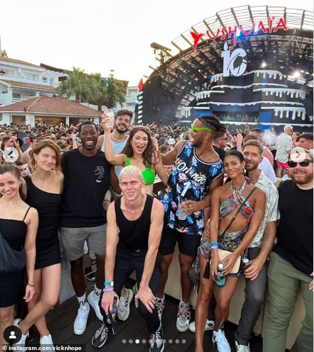 Supportive: Vick was jetting back and forth between Ibiza and the UK all summer to support her beau at his summer DJ season on the Island (pictured right with friends at Ushuaia last month)