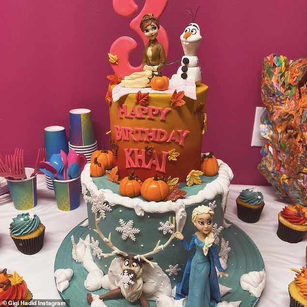 Nice cake: The child had a two-tier cake with a Halloween Frozen theme that saw Elsa, Anna and Olaf