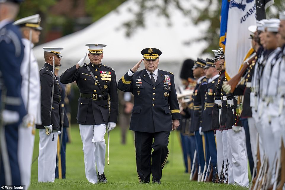 In his farewell remarks, Milley spoke of how every member of the military takes an oath to the U.S. Constitution. 'We are unique among the world's militaries,' Milley said. 'We don't take an oath to a country. ']We don't take an oath to a tribe. We don't take an oath to a religion. We don't take an oath to a king, or queen, or their tyrant, or a dictator. And we don't take an oath to a wannabe dictator,' he said with emphasis. 'We don't take an oath to an individual. We take an oath to the Constitution, and we take an oath [to] the idea that is America, and we're willing to die to protect it. Every soldier, sailor, airman, Marine, Guardian, and Coast Guardsmen each of us commits our very life to protect and defend that document, regardless of personal price,' he said.