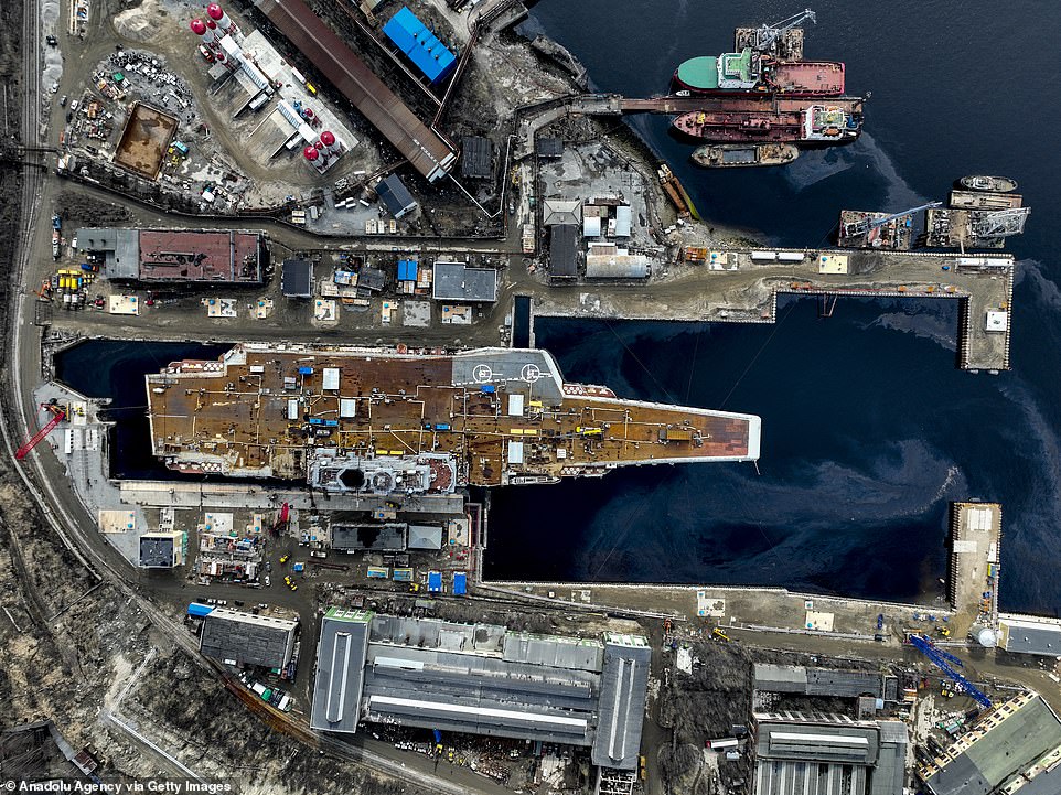 In December last year, the 1,000ft vessel suffered substantial damage when it caught fire while moored in the port city of Murmansk, in northwest Russia. In 2019, the carrier suffered significant damage caused by a fire, which claimed the lives of at least one worker and left ten more injured. On top of this, in 2018 a giant crane crashed into the ship, severely damaging it, and leading to the death of one worker and the injuries of four more. Read the full story: https://www.dailymail.co.uk/news/article-12589145/Russian-SU-33-fighter-jet-seen-sinking-Med-leaked-footage-showing-aftermath-botched-landing-Putins-crumbling-aircraft-carrier-Admiral-Kuznetsov-2016.html?ito=msngallery