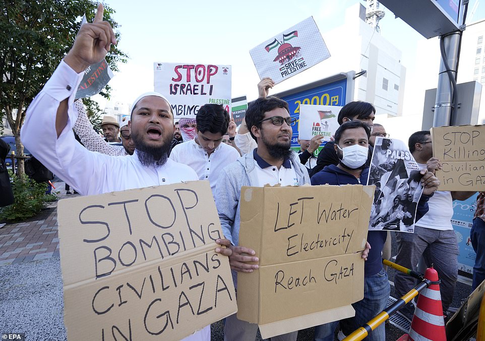 JAPAN: Protesters take part in a pro-Palestinian rally near the Israeli embassy in central Tokyo on Friday