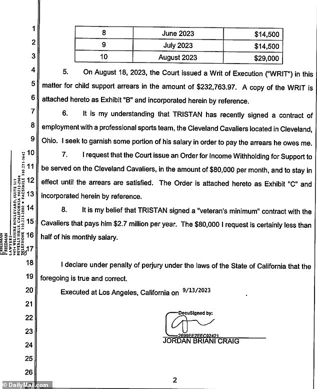 Craig is demanding an order to withhold his earnings in the amount of $80,000 a month, 'and to stay in effect until the arrears are satisfied', according to the filings