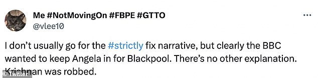 Not happy: But viewers at home fumed at the decision and accused the show of 'favouritism' towards Angela, arguing that her slip up should have sent her home, but that bosses wanted to ensure the TV presenter made it to Blackpool next week