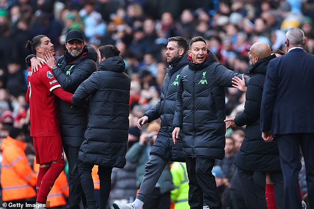 Darwin Nunez (left) and Pep Guardiola (second right) were caught up in a post-match row