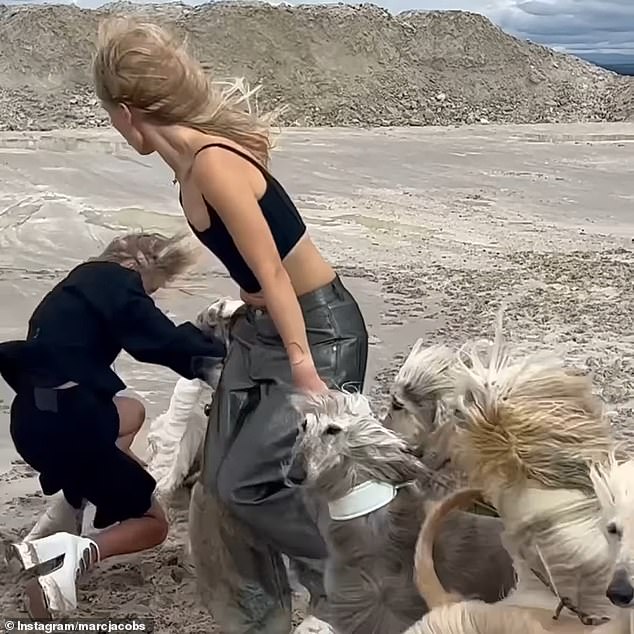 The other blonde grabs her hand to stabilize her, but she ends up falling over into the sand anyway