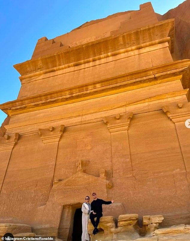 Ronaldo and Georgina pictured at the ancient oasis city of AlUla in an Instagram picture