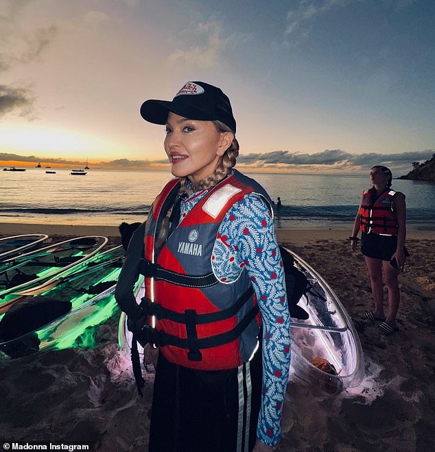 Madonna tried her hand at kayaking as she enjoyed some downtime during her lavish Caribbean getaway