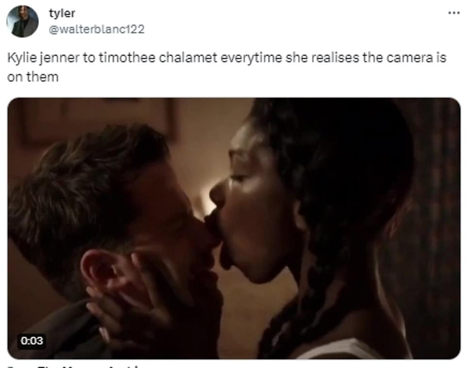 The smooches caused a stir online as fans rushed to X, formerly known as Twitter, to share a string of hilarious memes. Many compared the couple to the viral 'Is this allowed' 2014 kissing vine, while others begged the cameras to stop panning to the PDA. 'Having to watch Timothee Chalamet and Kylie Jenner make out every 29 seconds,' tweeted one onlooker. Others quipped that Kylie's Momager Kris Jenner was behind the scenes orchestrating the publicity, with one tweeting: 'Kris Jenner must be a part of the camera crew or something every break they get a angle of Kylie and Timothee.'