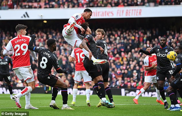 The Brazilian produced a towering effort when he rose above the Crystal Palace defence