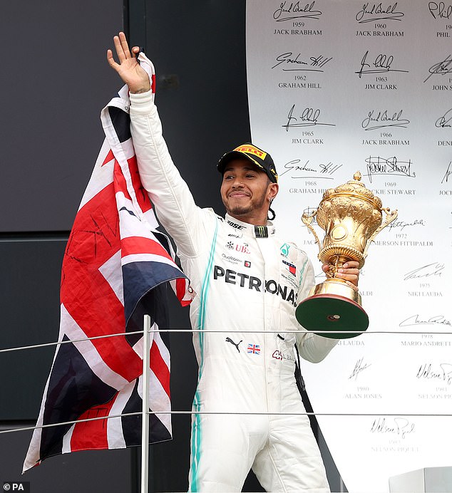 Hamilton (pictured 2019, after his victory at Silverstone) signed a two-year extension worth £50m-per-year with Mercedes last August