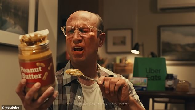 In one scene, a man with a swollen face, eating peanut butter from a jar by the spoon says: 'There's peanuts in peanut butter?' Oh, it's the primary ingredient'