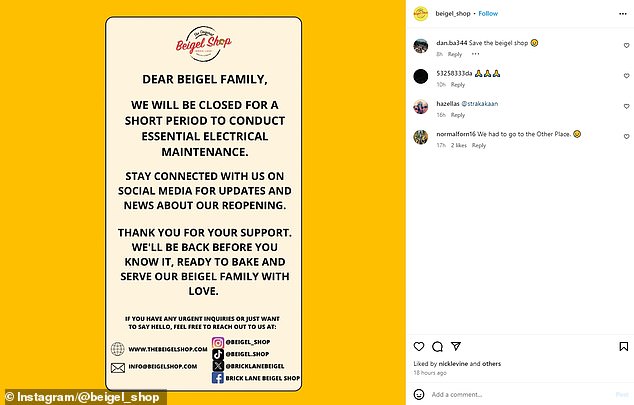 A notice later posted on the outside of the shop and shared on Instagram claimed the store was closing for 'electrical maintenance', and made no reference to the court order