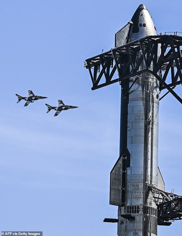 SpaceX's £2.4 billion ($3 billion) Starship - the vehicle that will one day take humans to Mars - is set to attempt an orbital flight for the third time today. Pictured is the rocket on March 13 ready to go at its Starbase facility in Texas